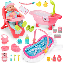 Load image into Gallery viewer, 14" Baby Doll Play Set 25 Pcs Baby Doll Accs with High Chair Bath Crib Feeding Accs Realistic Pretend Play Baby Dolls for 3+
