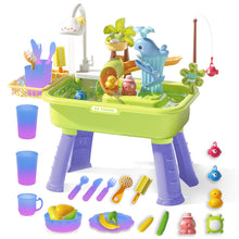 Load image into Gallery viewer, Beach Table & Simulation Kitchen Sink 2-in-1 Toy Set with Water Supply Function Simulation Dishwashing Set with Faucet Color-changing Tableware in Warm Water Children's Role Playing Toy with Accessories Gift