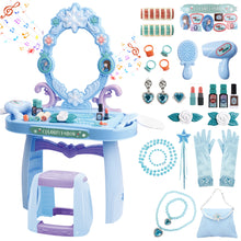 Load image into Gallery viewer, Girls Light Makeup Table Vanity Set with Mirror, Lights & Music, Pretend Play Hair & Makeup Toys with Accessories, Jewelry, Pretend Cosmetics Storage Toddler Princess Dressing Table Gift