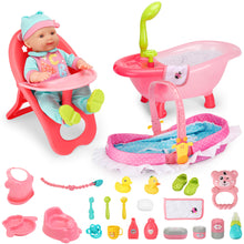 Load image into Gallery viewer, 14" Baby Doll Play Set 25 Pcs Baby Doll Accs with High Chair Bath Crib Feeding Accs Realistic Pretend Play Baby Dolls for 3+