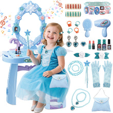 Load image into Gallery viewer, Girls Light Makeup Table Vanity Set with Mirror, Lights & Music, Pretend Play Hair & Makeup Toys with Accessories, Jewelry, Pretend Cosmetics Storage Toddler Princess Dressing Table Gift