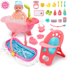 Load image into Gallery viewer, 14" Baby Doll Play Set 25 Pcs Baby Doll Accs with High Chair Bath Crib Feeding Accs Realistic Pretend Play Baby Dolls for 3+