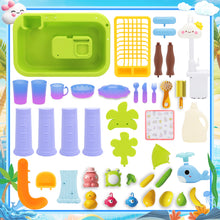 Load image into Gallery viewer, Beach Table & Simulation Kitchen Sink 2-in-1 Toy Set with Water Supply Function Simulation Dishwashing Set with Faucet Color-changing Tableware in Warm Water Children's Role Playing Toy with Accessories Gift