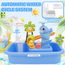 Load image into Gallery viewer, Pretend Play Kitchen Sink with Real Running Water -4-in-1 Water Play Table, Floating Pool, Fishing & Duck Slide Game - Interactive Washing Up Toy for Toddlers & Kids (Blue
