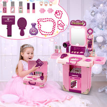 Load image into Gallery viewer, Kids Beauty Vanity Set with Suitcase Dressing Table Hair Salon Pretend Makeup & Hairdressing Toy Set Portable Dressing Table Princess Dress Up Playset Gift Toddler