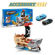 Load image into Gallery viewer, Shark Bite Pirate Ship Toy Set 8 Race Cars, Launch Track GREY Age 3+