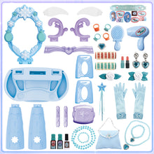 Load image into Gallery viewer, Girls Light Makeup Table Vanity Set with Mirror, Lights & Music, Pretend Play Hair & Makeup Toys with Accessories, Jewelry, Pretend Cosmetics Storage Toddler Princess Dressing Table Gift