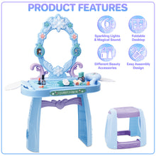 Load image into Gallery viewer, Girls Light Makeup Table Vanity Set with Mirror, Lights & Music, Pretend Play Hair & Makeup Toys with Accessories, Jewelry, Pretend Cosmetics Storage Toddler Princess Dressing Table Gift