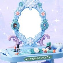 Load image into Gallery viewer, Girls Light Makeup Table Vanity Set with Mirror, Lights & Music, Pretend Play Hair & Makeup Toys with Accessories, Jewelry, Pretend Cosmetics Storage Toddler Princess Dressing Table Gift