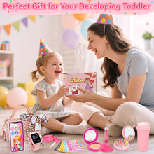 Load image into Gallery viewer, Kids Pretend Play Purse Set with Accessories – Girls Role Play Handbag Toy with Play Smartphone, Wallet, Fake Cash, Cards, Watch, Makeup, Hairbrush & Travel Cup – Educational Princess Dress Up Gifts for Girls Ages 3+