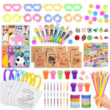 Load image into Gallery viewer, 125PCS Party Stationery & Craft Set with Pens, Stickers, Stamps, Notebooks, Glow Items & DIY Bags