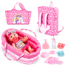 Load image into Gallery viewer, Baby Doll Bassinet Bed Backpack Playset includes a realistic baby doll, doll bassinet, backpack, handbag, doll clothes, feeding plate, toy bell and more for 3 4 5 6+ Year Old Kids Girls
