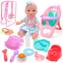 Load image into Gallery viewer, 12 Inch Baby Doll Toys Feeding Set with Carry Backpack High Chair Playset Pretend Play Doll Educational Toys for Kids Girls 3 4 5 6 Years
