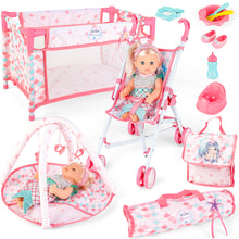 Load image into Gallery viewer, Deluxe Mermaid-Themed Baby Doll Playset ¨C Includes Stroller, Crib, Play Mat, Potty, Feeding Accessories, and Mermaid Outfit ¨C Perfect Gift for Girls' Role-Playing, Birthday, or Christmas