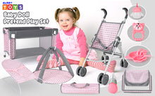 Load image into Gallery viewer, 5 in 1 Baby Doll Pretend Accessories Play Set Pink Baby Doll Pushchair Cot Play Mat Travel Vag Set fits to 12",13",14" Doll (doll not included)