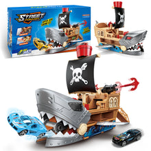 Load image into Gallery viewer, Shark Bite Pirate Ship Toy Set 8 Race Cars, Launch Track GREY Age 3+