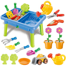 Load image into Gallery viewer, Sand and Water Play Table Multifunctional Activity Table with Accessories Included are various tools and toys like shovels, rakes, moulds, and watering cans Beach Summer Outside Toys