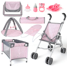 Load image into Gallery viewer, 5 in 1 Baby Doll Pretend Accessories Play Set Pink Baby Doll Pushchair Cot Play Mat Travel Vag Set fits to 12",13",14" Doll (doll not included)