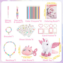 Load image into Gallery viewer, Unicorn Plush Toy Gift Set – 33‑in‑1 Creative Play Bundle with Diary, Colouring Book, Stickers & Accessories – Birthday Gift for Girls Ages 3–10