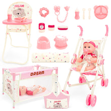 Load image into Gallery viewer, Complete Baby Doll Accessories Nursery Set Pretend Role Play Cot Set for Kids 3+ with this pink-themed set, featuring a doll crib, high chair with food tray, foldable stroller