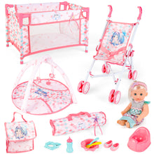 Load image into Gallery viewer, Deluxe Mermaid-Themed Baby Doll Playset ¨C Includes Stroller, Crib, Play Mat, Potty, Feeding Accessories, and Mermaid Outfit ¨C Perfect Gift for Girls' Role-Playing, Birthday, or Christmas