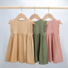 Load image into Gallery viewer, Little Girl Cotton Linen Dress with Smocking Casual Dress Sleeveless Girls Dress Double Ruffles Casual Dresses A-Line Swing Dresses, Baby Girl Dress Ruffle Sleeveless, Toddler Girls Casual Clothes Party Beach Dresses for Spring Summer 1-4 Years