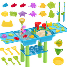 Load image into Gallery viewer, Purple or Blue Activity Sandbox Sensory Table for Kids Summer Outdoor Multifunctional Table Toy with 23PCS Beach Toy, 2 Fishing Pool Toys such as sand and water table, sand mold, shovel, watering can, and more