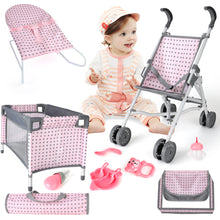 Load image into Gallery viewer, 5 in 1 Baby Doll Pretend Accessories Play Set Pink Baby Doll Pushchair Cot Play Mat Travel Vag Set fits to 12",13",14" Doll (doll not included)