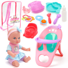 Load image into Gallery viewer, 12 Inch Baby Doll Toys Feeding Set with Carry Backpack High Chair Playset Pretend Play Doll Educational Toys for Kids Girls 3 4 5 6 Years