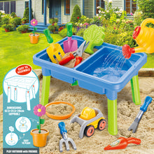 Load image into Gallery viewer, Sand and Water Play Table Multifunctional Activity Table with Accessories Included are various tools and toys like shovels, rakes, moulds, and watering cans Beach Summer Outside Toys