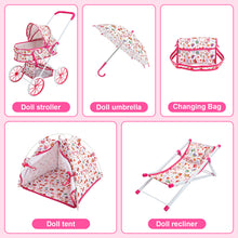 Load image into Gallery viewer, Baby Doll Stroller Playset for Kids, Umberlla, Play Tent, Beach Chair, Diaper Bag Role Play Baby Doll Accessories Set for Toddlers Ages 3+