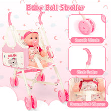 Load image into Gallery viewer, Complete Baby Doll Accessories Nursery Set Pretend Role Play Cot Set for Kids 3+ with this pink-themed set, featuring a doll crib, high chair with food tray, foldable stroller
