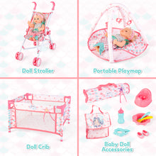 Load image into Gallery viewer, Deluxe Mermaid-Themed Baby Doll Playset ¨C Includes Stroller, Crib, Play Mat, Potty, Feeding Accessories, and Mermaid Outfit ¨C Perfect Gift for Girls' Role-Playing, Birthday, or Christmas