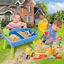 Load image into Gallery viewer, Sand and Water Play Table Multifunctional Activity Table with Accessories Included are various tools and toys like shovels, rakes, moulds, and watering cans Beach Summer Outside Toys