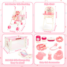 Load image into Gallery viewer, Complete Baby Doll Accessories Nursery Set Pretend Role Play Cot Set for Kids 3+ with this pink-themed set, featuring a doll crib, high chair with food tray, foldable stroller