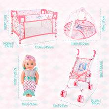 Load image into Gallery viewer, Deluxe Mermaid-Themed Baby Doll Playset ¨C Includes Stroller, Crib, Play Mat, Potty, Feeding Accessories, and Mermaid Outfit ¨C Perfect Gift for Girls' Role-Playing, Birthday, or Christmas