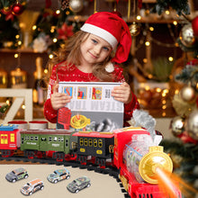 Load image into Gallery viewer, Electric Christmas Train Set with Deformable Carriage 4 Random Alloy Cars Sound Smoke and Cool Light Christmas Tree Train Gift for Kids