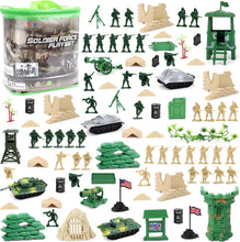 Load image into Gallery viewer, 100 Piece Military Play Set with Toy Soldiers Military Figures Tanks Planes Flags Carry Case and Battlefield Accessories Kids Christmas Gift