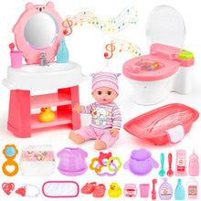Load image into Gallery viewer, 24 Pcs Baby Doll Playset with Bath and Feeding Accessories Play includes a baby bathtub, toilet with light and sound, bathroom vanity with mirror Doll Toys for Kids