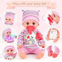 Load image into Gallery viewer, 24 Pcs Baby Doll Playset with Bath and Feeding Accessories Play includes a baby bathtub, toilet with light and sound, bathroom vanity with mirror Doll Toys for Kids