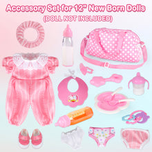 Load image into Gallery viewer, 17PCS Baby Doll Care Set Complete Accessory Kit for Newborn Baby Dolls - Includes Clothes, Bottle, Pacifiers, Diapers, Bibs, and Plates for Pretend Play Perfect for Girls and Kids (Doll Not Included)