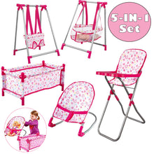Load image into Gallery viewer, Kids Deluxe 5 -in-1 Baby Doll Pretend Play Set with Cot Bed Bouncer Adjustable Swing Seat and High Chair Accessories (Doll Not Included)