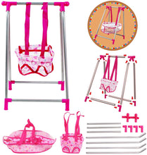 Load image into Gallery viewer, Kids Deluxe 5 -in-1 Baby Doll Pretend Play Set with Cot Bed Bouncer Adjustable Swing Seat and High Chair Accessories (Doll Not Included)