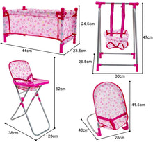 Load image into Gallery viewer, Kids Deluxe 5 -in-1 Baby Doll Pretend Play Set with Cot Bed Bouncer Adjustable Swing Seat and High Chair Accessories (Doll Not Included)