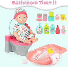 Load image into Gallery viewer, 28 Pcs Baby Doll Bath Set with Doll Miniature Doll Cot Function Toilet Bathtub & Chair Feeding Accessories Bathing Accessories for Kids