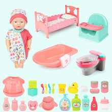 Load image into Gallery viewer, 28 Pcs Baby Doll Bath Set with Doll Miniature Doll Cot Function Toilet Bathtub & Chair Feeding Accessories Bathing Accessories for Kids
