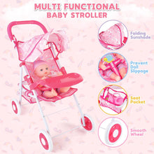 Load image into Gallery viewer, Multi-functional Foldable Doll Stroller Set with sunshade for 12" Doll Play Set with Doll Clothes, Toilet, Dining Plate, Diaper, and Bib for girls and toddlers 3+ years old