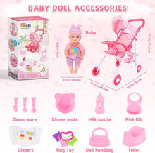Load image into Gallery viewer, Multi-functional Foldable Doll Stroller Set with sunshade for 12" Doll Play Set with Doll Clothes, Toilet, Dining Plate, Diaper, and Bib for girls and toddlers 3+ years old