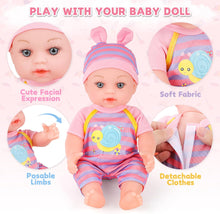 Load image into Gallery viewer, Multi-functional Foldable Doll Stroller Set with sunshade for 12" Doll Play Set with Doll Clothes, Toilet, Dining Plate, Diaper, and Bib for girls and toddlers 3+ years old