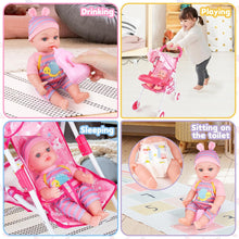 Load image into Gallery viewer, Multi-functional Foldable Doll Stroller Set with sunshade for 12" Doll Play Set with Doll Clothes, Toilet, Dining Plate, Diaper, and Bib for girls and toddlers 3+ years old